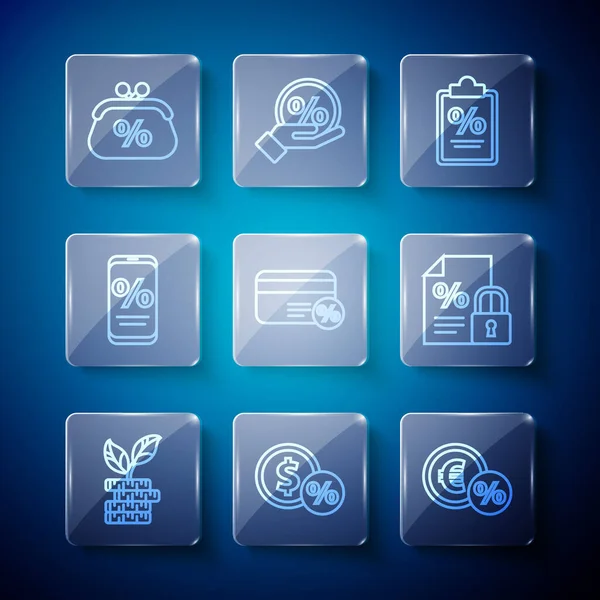 Satır tesisi, yüzdelik para, finans belgesi, indirimli kart, indirimli indirim ve cep telefonu, çanta parası ve kilit simgesi. Vektör