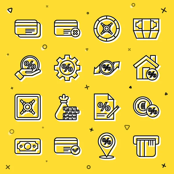 Hat kartı, yüzdelik para, ev indirimi, kasa, dişli, indirim etiketi ve ikon. Vektör