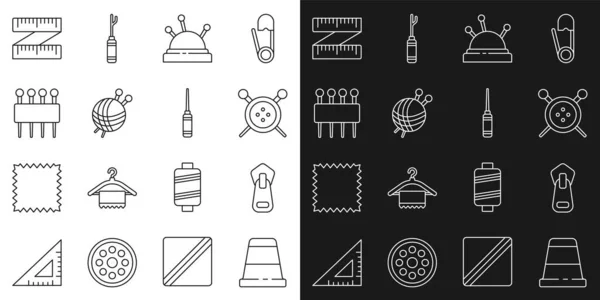 Set line Thimble for sewing, Zipper, Sewing button and knitting needles, Needle bed, Yarn ball with, Tape measure and Awl tool icon. Vector — Image vectorielle