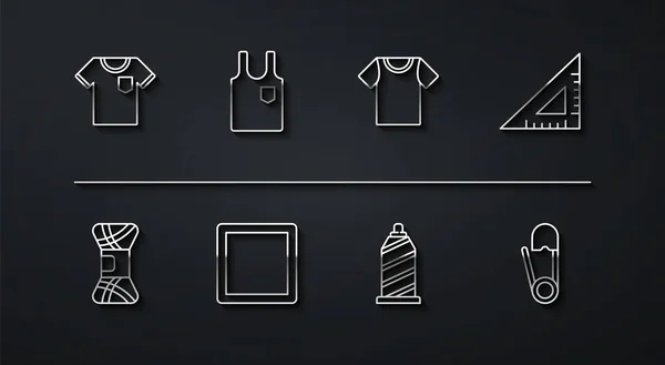Set línea camiseta, hilo, regla triangular, hilo de coser, patrón, sin mangas, pasador de seguridad e icono. Vector — Vector de stock