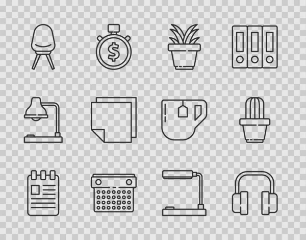 Set line Spiral notebook, Headphones, Plant in pot, Calendar, Office chair, Post stickers, Table lamp and Cactus and succulent icon. Vector — Vector de stock