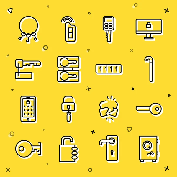 Set line Safe, Key, Crowbar, Car key with remote, Casting keys, Marked, Bunch of and Password protection icon. Vector — Stock Vector