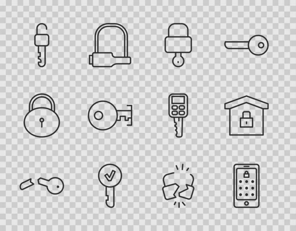 Set line Broken key, Mobile and graphic password, Lock, Key, Unlocked, cracked and House under protection icon. Vector — Vetor de Stock