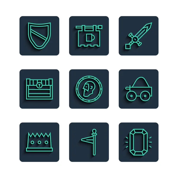 Set line King crown, Medieval flag, Diamond, sword, Ancient coin, Antique treasure chest, Shield and Wooden four-wheel cart icon. Vector — Stok Vektör