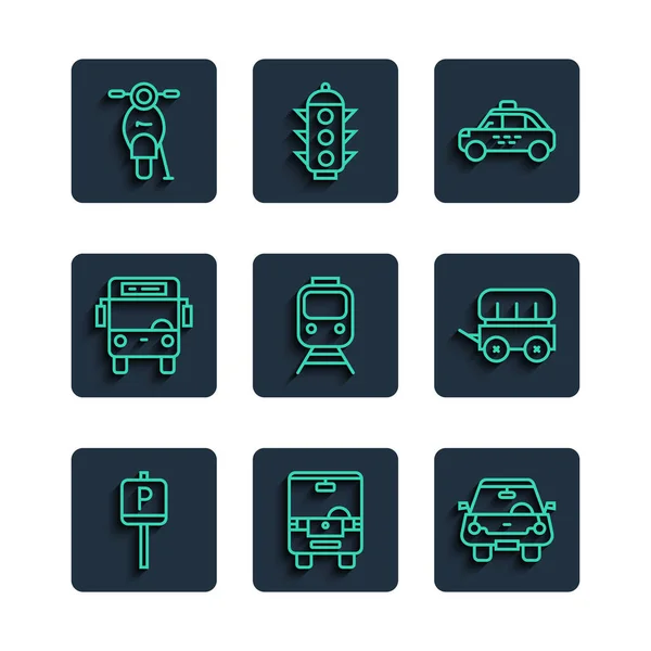 Definir linha Estacionamento, Ônibus, Carro, Táxi carro, Trem e ferrovia, Scooter e Wild West coberto vagão ícone. Vetor — Vetor de Stock