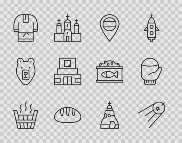 Set line Sauna bucket, Satellite, Location Russia, Bread loaf, Kosovorotka, Mausoleum of Lenin, The Tsar bell and Christmas mitten icon. Vector — Vetor de Stock