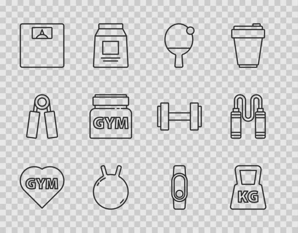 Set line Fitness gym heart, Weight, Racket and ball, Kettlebell, Bathroom scales, Sports nutrition, Smartwatch and Jump rope icon. Vector — Archivo Imágenes Vectoriales