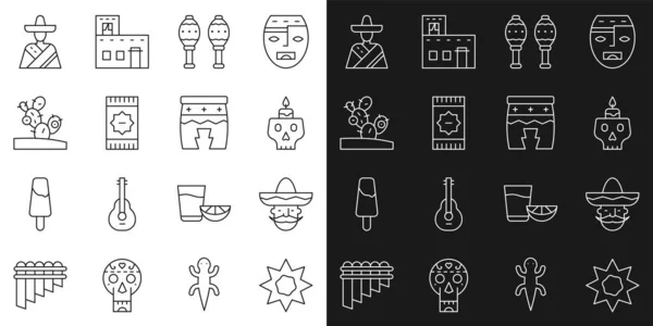Ustaw linię Sun, Meksykanin sombrero, Płonąca świeca na czaszce, Maracas, dywan, Kaktus i ikona Huehuetl. Wektor — Wektor stockowy