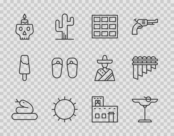 Set line Snake, Margarita cocktail, Chocolate bar, Sun, Burning candle on skull, Flip flops, Mexican house and Pan flute icon. Vector — Vector de stock