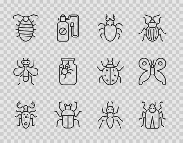 Set line Beetle deer, bug, Stink, Larva insect, Spider jar, Ant and Butterfly icon. Vector — Stockvektor