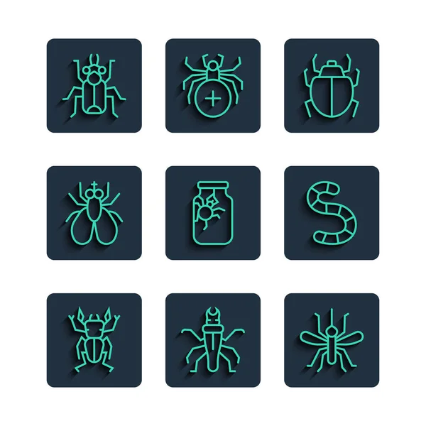 Set line Beetle deer, Termite, Mosquito, Mite, Spider in jar, Insect fly, bug and Worm icon. Vector — Image vectorielle