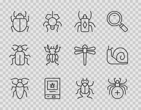 Set line Cockroach, Spider, Beetle bug, Book about insect, Mite, deer, and Snail icon. Vector — Vettoriale Stock