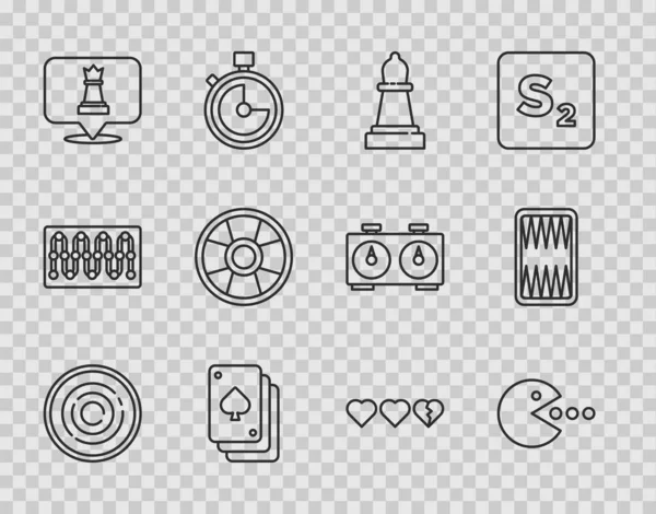 Set line Checker game chips, Pacman with eat, Chess, Playing cards, Casino, Hearts for and Backgammon board icon. Vector — Stockvector