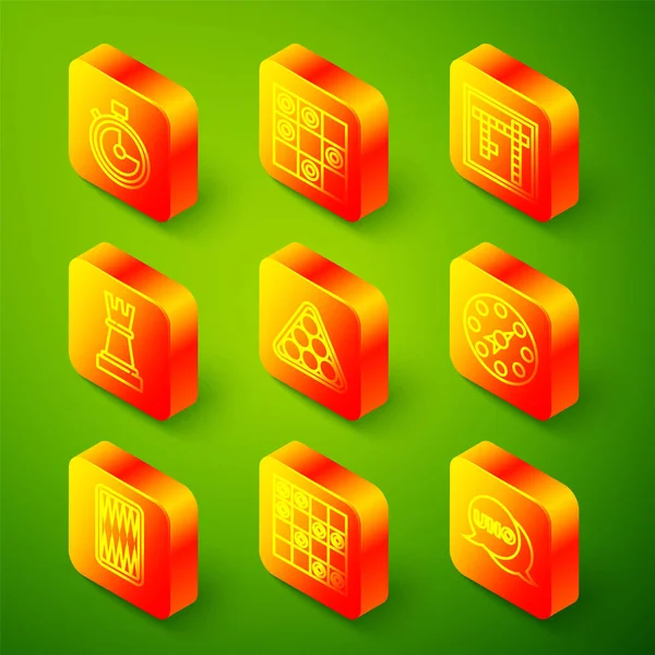 Çizgi Stopwatch, tahta dama oyunu, Bingo, Satranç, Bilardo topu üçgeni, Twister, Tavla tahtası ve simge. Vektör