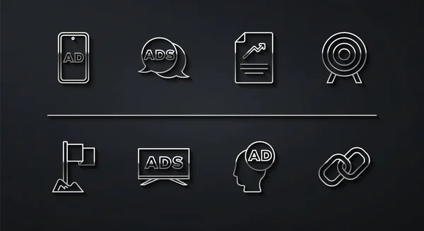 Set line Advertising, Location marker, Target sport, Chain link and Document with graph chart icon. Vector — ストックベクタ