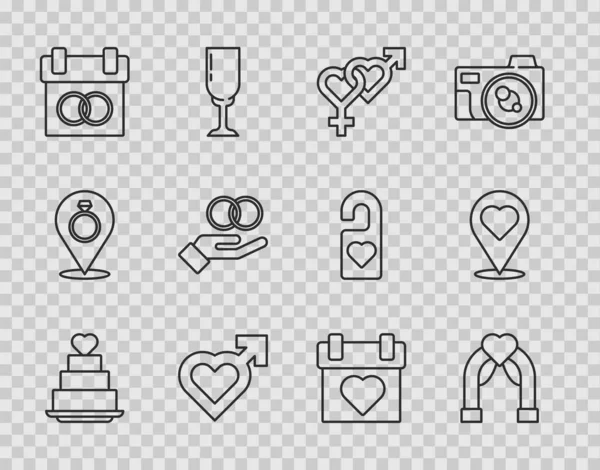 Set line Wedding cake with heart, arch, Gender, Heart male gender, Calendar, rings, and Location icon. Vector — Wektor stockowy