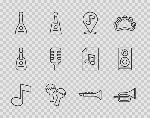 Set line Music note, tone, Trumpet, Location musical, Maracas, Balalaika, Microphone, Clarinet and Stereo speaker icon. Vector — Stock Vector