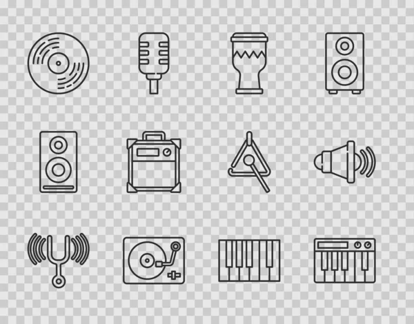 Set line Musical tuning fork, synthesizer, Drum, Vinyl player with vinyl disk, Guitar amplifier, Grand piano and Speaker volume icon. Vector — Stockvector