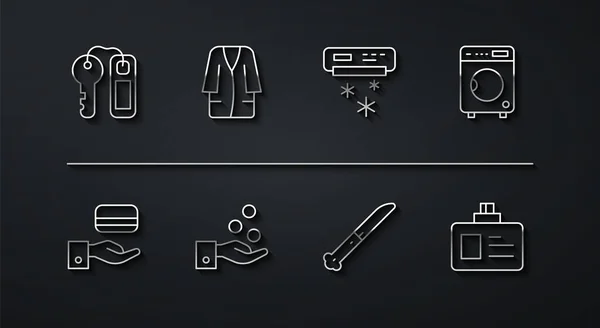 Set line Hotel door lock key, Digital, Washer, Knife, Paying tips, Bathrobe, Identification badge and Air conditioner icon. Vector — Image vectorielle