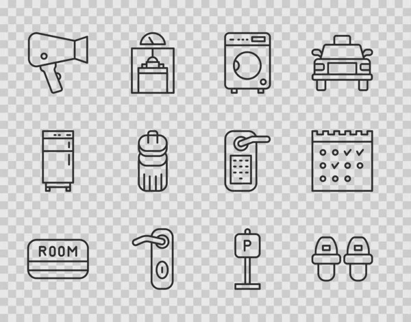 Set line Hotel key card, slippers, Washer, Door handle, Hair dryer, Trash can, Parking and booking calendar icon. Vector — Vector de stock