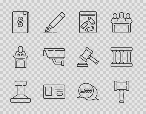 Set line Stamp, Judge gavel, Evidence bag and bullet, Identification badge, Law book, Security camera, and Prison window icon. Vector — Stock Vector