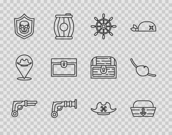 Set line Vintage pistols, Sailor hat, Ship steering wheel, Shield with pirate skull, Antique treasure chest, Pirate and eye patch icon. Vector — Stockvektor