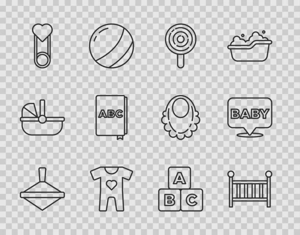 Sıralı Whirligig oyuncağı, Bebek beşiği, lolipop, kıyafetler, broş, ABC kitabı, bloklar ve ikon. Vektör