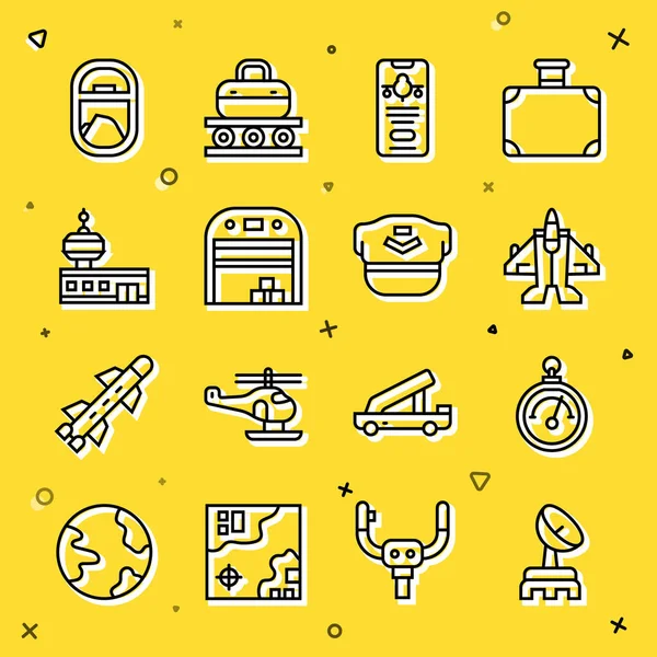 Radar, Barometre, Jet savaş uçağı, bilet, uçak hangarı, havaalanı kontrol kulesi, uçak penceresi ve pilot şapkası ikonu ayarlayın. Vektör