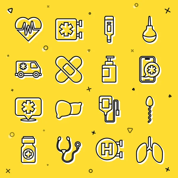 Set line Lungs, Sperm, Emergency phone call, Digital thermometer, Crossed bandage plaster, car, Heart rate and Hand sanitizer bottle icon. Vector — Διανυσματικό Αρχείο