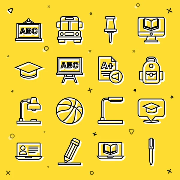 Set line Pen, Graduation cap in speech bubble, School backpack, Push pin, Chalkboard, and Exam sheet with A plus grade icon. Vector — стоковый вектор