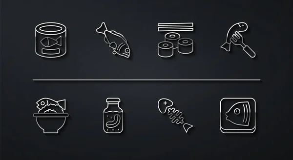 Set line Canned fish, Served on bowl, plate, Fish skeleton, Sea cucumber in jar, head and Sushi icon. Vector — Stok Vektör