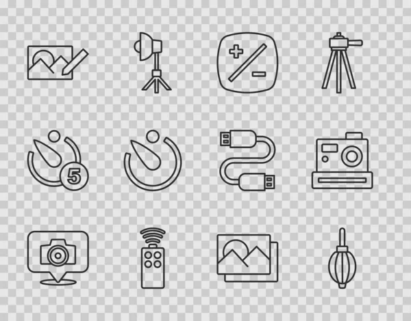 Set line Photo camera, Dust blower, Exposure compensation, Remote control for, retouching, Camera timer, frame and icon. Vector — Stock Vector