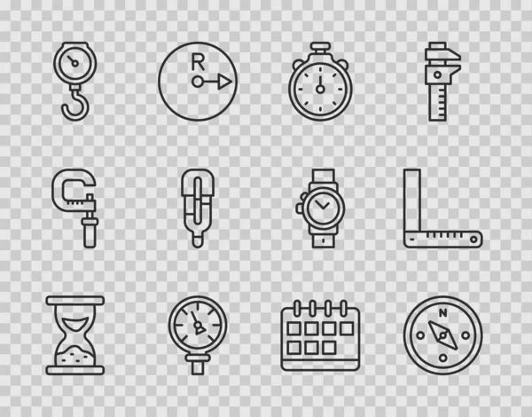 Set line Old hourglass with sand, Compass, Stopwatch, Pressure water meter, Hand scale spring mechanical, Medical thermometer, Calendar and Corner ruler icon. Vector — стоковый вектор