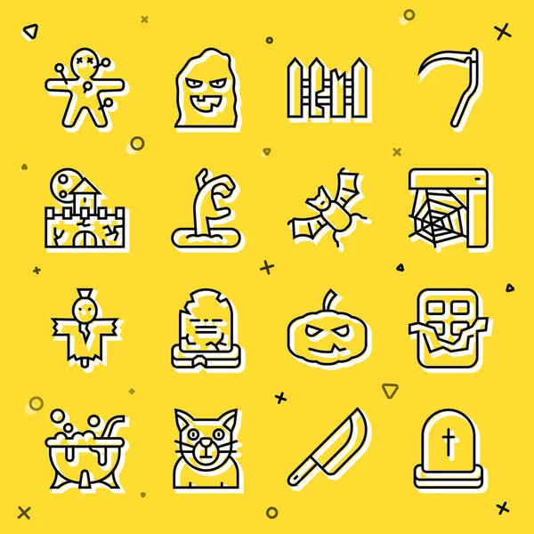 RIP yazılı bir çizgi Tombstone, Çikolata, Örümcek ağı, Bahçe çiti ahşabı, Zombi eli, Kale, Kale, Voodoo bebeği ve uçan yarasa ikonu. Vektör