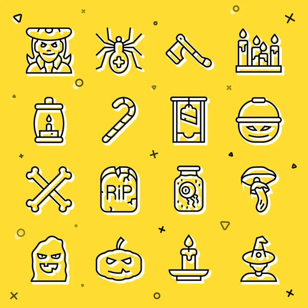 Cadı, Psilocybin mantarı, şeker için balkabağı sepeti, tahta balta, Noel şeker kamışı, kamp feneri ve giyotin ikonu. Vektör