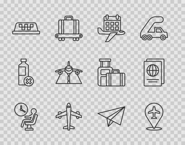Set line Human waiting in airport terminal, Plane, Calendar and airplane, Taxi car roof, Paper and Passport icon. Vector — Stock Vector