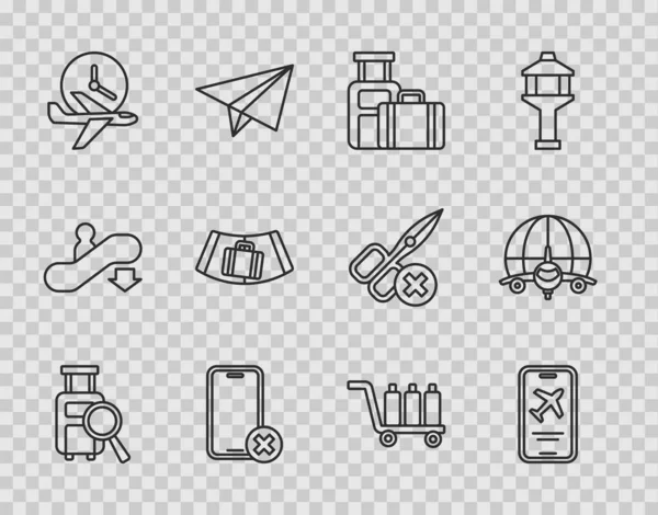 Set line Lost baggage, Mobile with ticket, Suitcase, No cell phone, Flight time, Conveyor belt suitcase, Trolley and Globe flying plane icon. Vector — Stock Vector