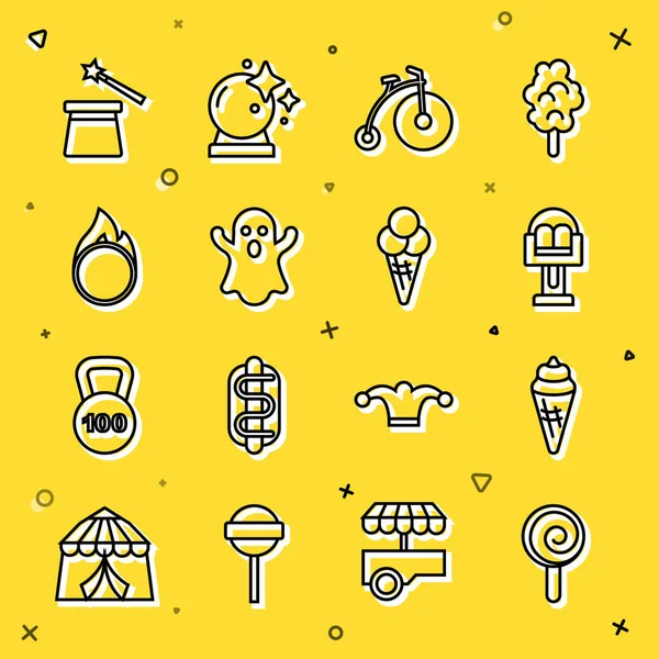 Lollipop, dondurma külahı, atlıkarınca, klasik bisiklet, Ghost, Circus ateş çemberi, sihirli şapka, değnek ve ikon. Vektör