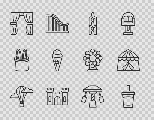 Set line Hot air balloon, Paper glass with water, Circus ticket, Castle, curtain raises, Ice cream waffle cone, Attraction carousel and tent icon. Vector — Wektor stockowy