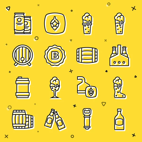 Çizgili bira şişesi, çaylak bira bardağı, bir paket şişe şişe, şişe kapağı, tahta fıçı, kutu ve ikon. Vektör