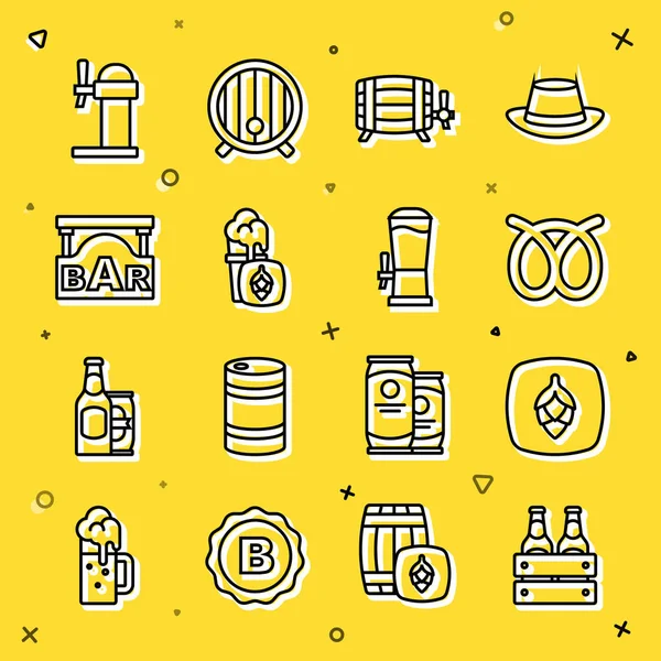 Bira şişeleri, Hop, Pretzel, tahta fıçı, Glass, Bar, Dispenser ve bira ikonlu sokak tabelaları. Vektör