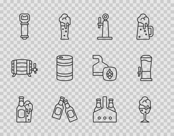 Set line Beer bottle and glass, Glass of beer, tap, Bottle opener, Metal keg, Pack bottles and icon. Vector — Stock Vector