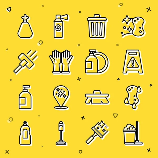 Hat, paspas ve kova, sünger, ıslak zemin, çöp tenekesi, lastik eldiven, elektrikli süpürge, çöp torbası ve bulaşık deterjanı. Vektör