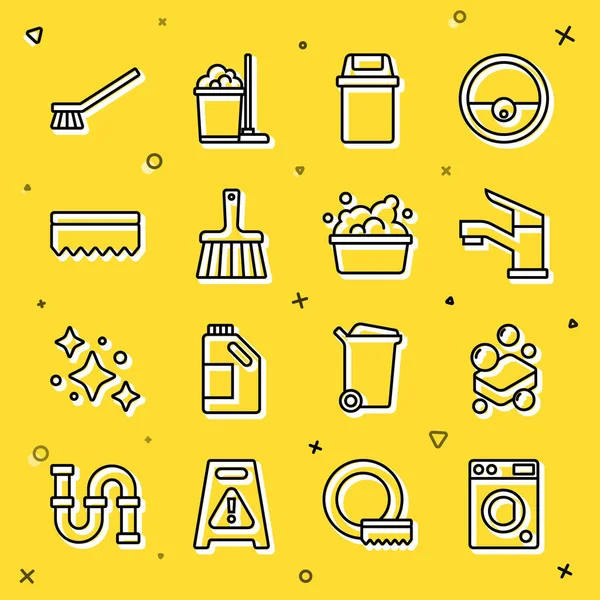 Çamaşır makinesi, sabun, musluk, çöp tenekesi, süpürge, sünger, temizlik için fırça ve köpüklü leğen. Vektör