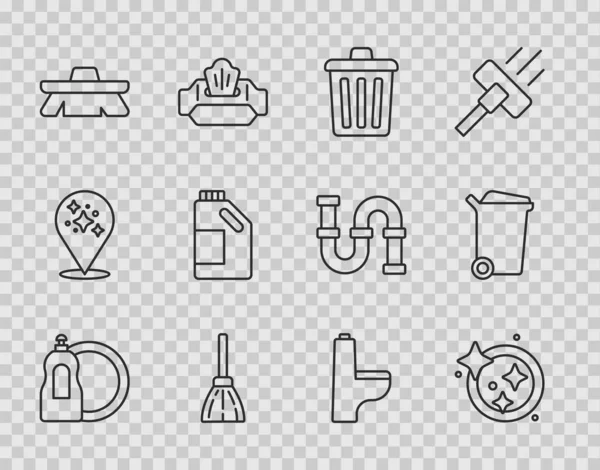 Bulaşık deterjanı, bulaşık deterjanı, çöp tenekesi, süpürge, temizlik fırçası, şişe açıcı, klozet ve ikon. Vektör
