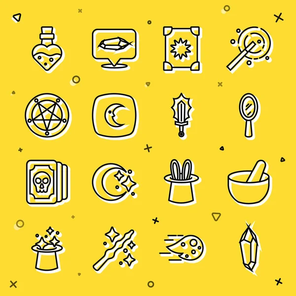 Set line Magic stone, Witch cauldron, hand mirror, Ancient magic book, Moon stars, Pentagram in circle, Bottle with potion and sword fire icon. Vector — Stok Vektör