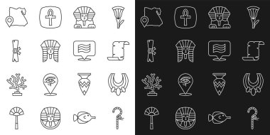 Sahtekar, Mısır gerdanlığı, papirüs parşömeni, sfenks, firavun, ikon haritası ve bayrağı. Vektör