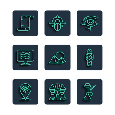 Horus 'un Gözü, Sfenks, Nargile, Mısır Piramitleri, Bayrak of, Papirüs Parşömeni ve mumya ikonu. Vektör