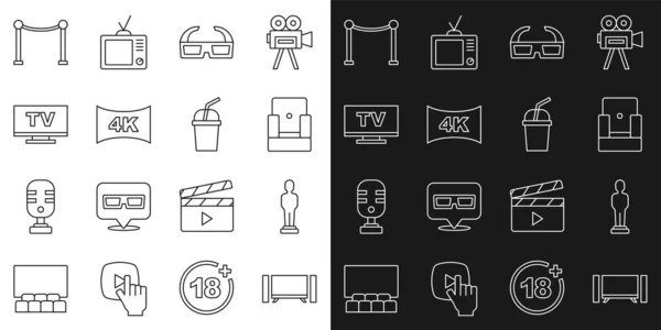 Set line Smart Tv, Movie trophy, Cinema chair, 3D cinema glasses, Screen tv with 4k, Rope barrier and Paper water icon. Vector — Archivo Imágenes Vectoriales