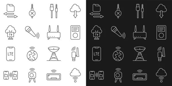 Set line Network cloud connection, Usb wireless adapter, Music player, USB cable cord, Wireless microphone, Smart Tv, Transfer files and Router and wi-fi signal icon. Vector — Archivo Imágenes Vectoriales